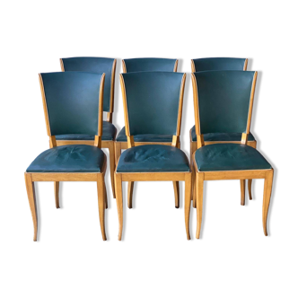 6 vintage dining chairs in solid wood and blue green leather