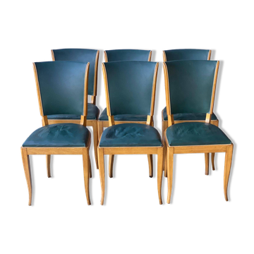 6 vintage solid wood dining chairs with blue-green leather