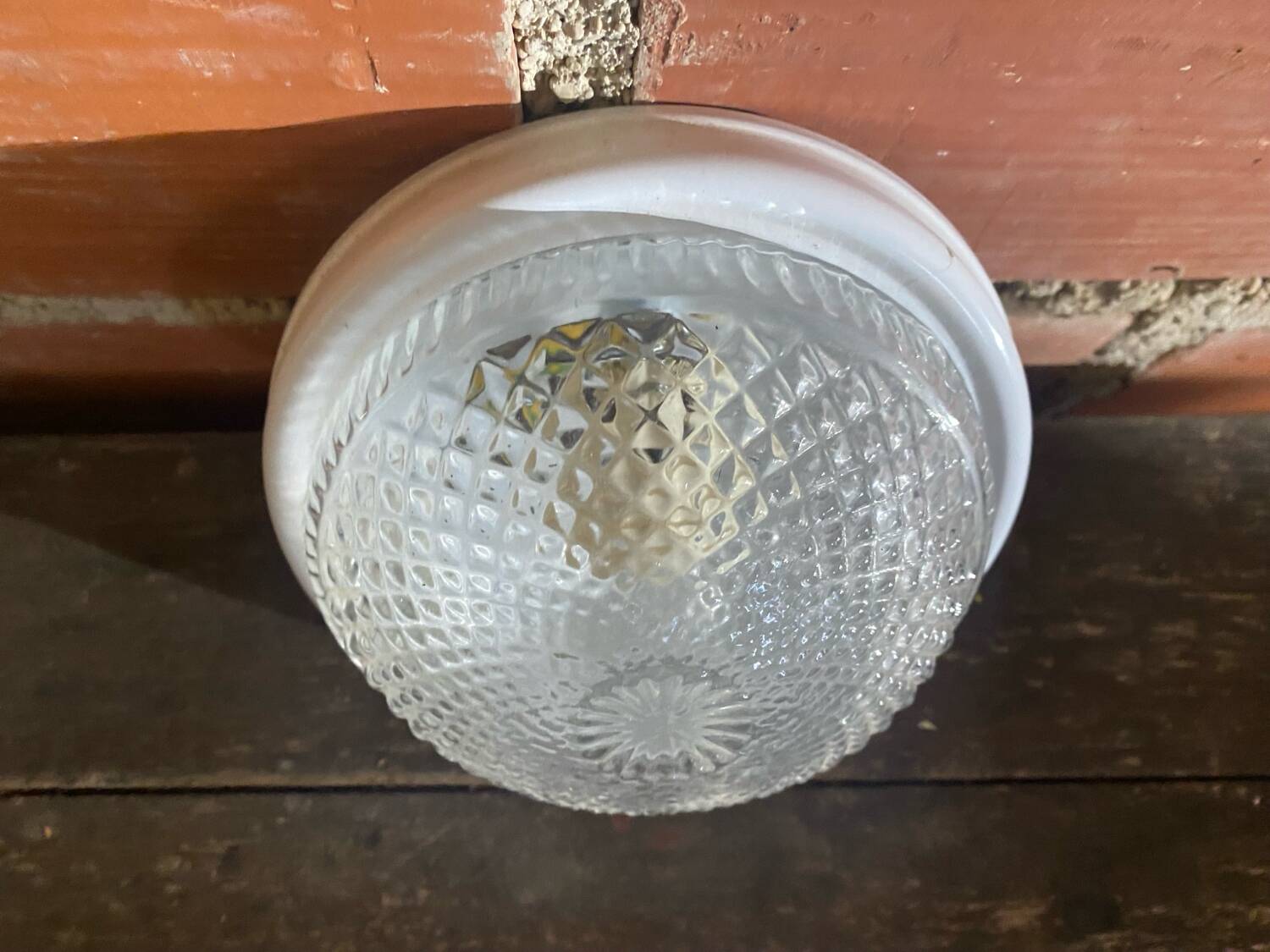 Vintage Round Ceiling Light Moulded Glass + White Metal Surround #D90