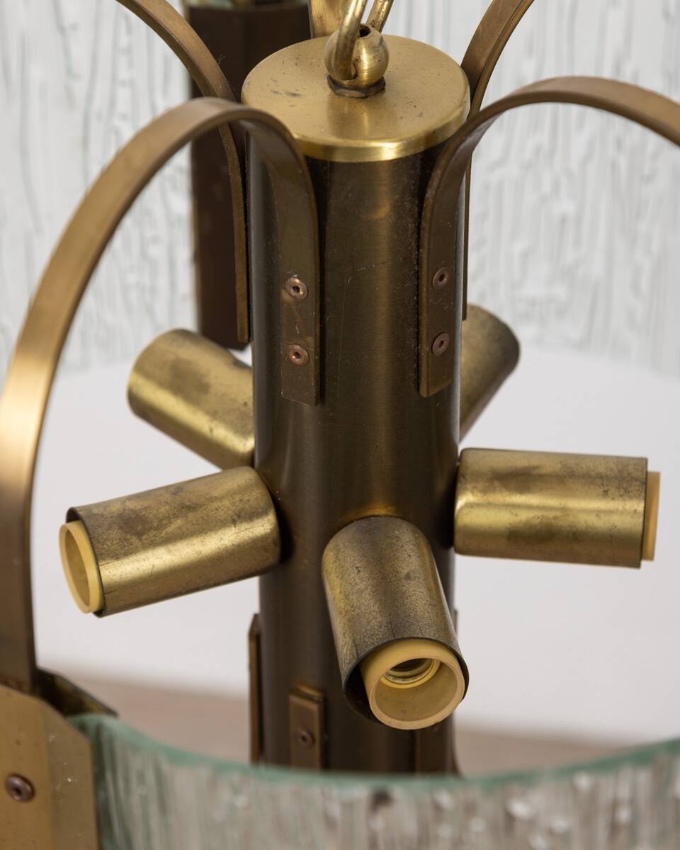 Vintage 60's chandelier in brass and worked glass italian design