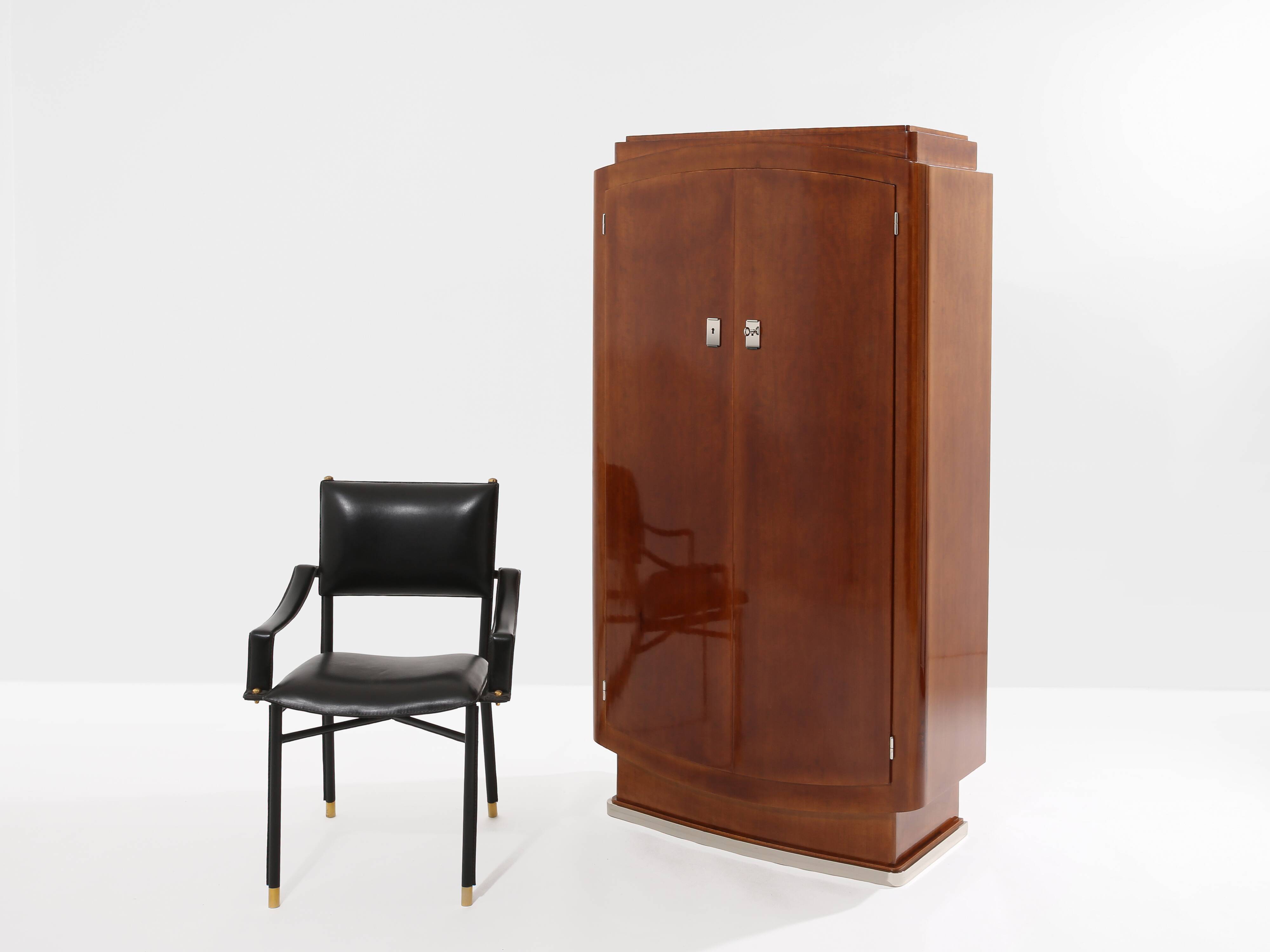 Jules Leleu cabinet in flame mahogany and nickel metal 1930