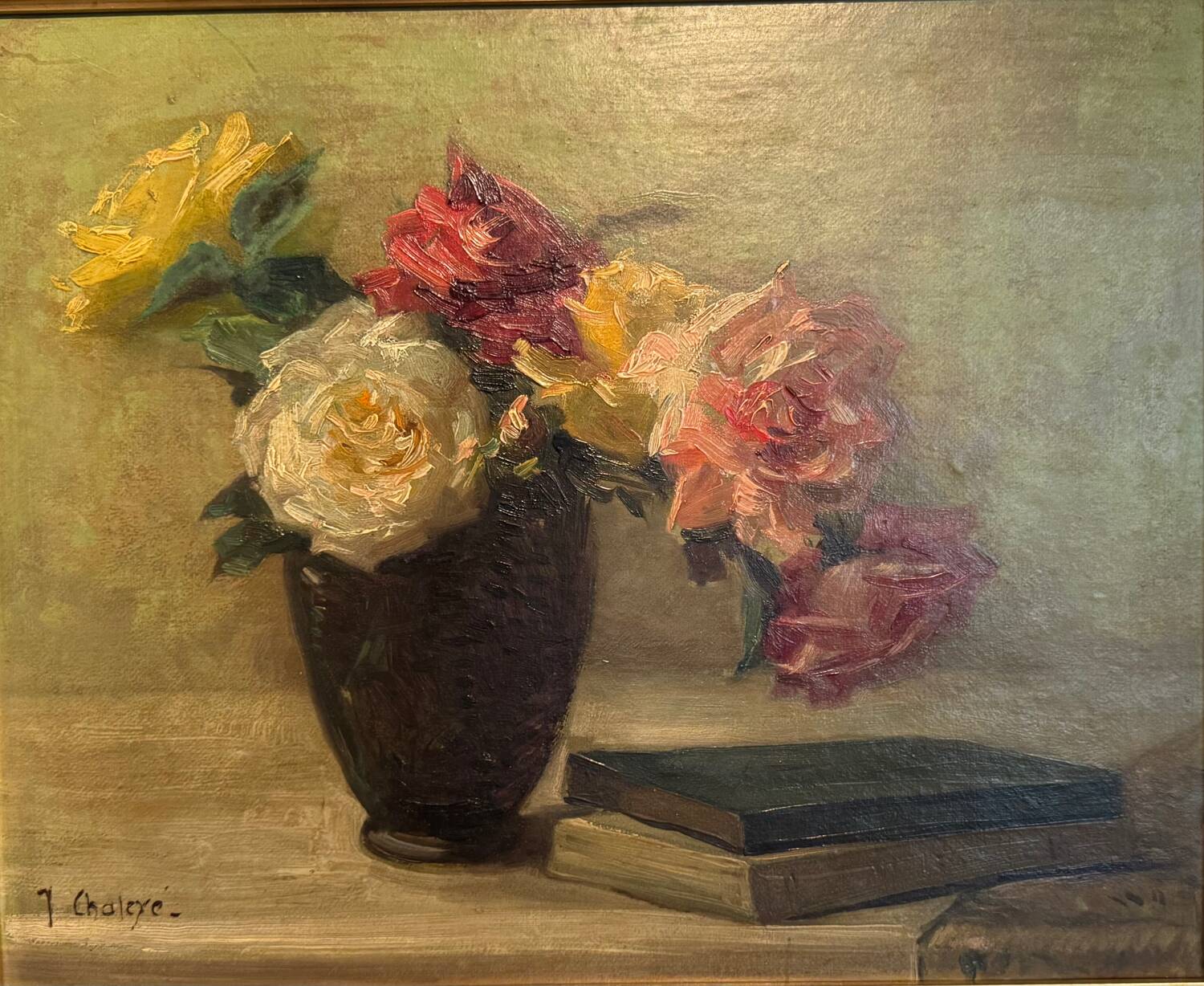 Antique painting, Still life with roses, signed Chaleyé