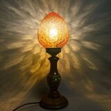Rustic wooden table lamp with amber pine cone glass lampshade