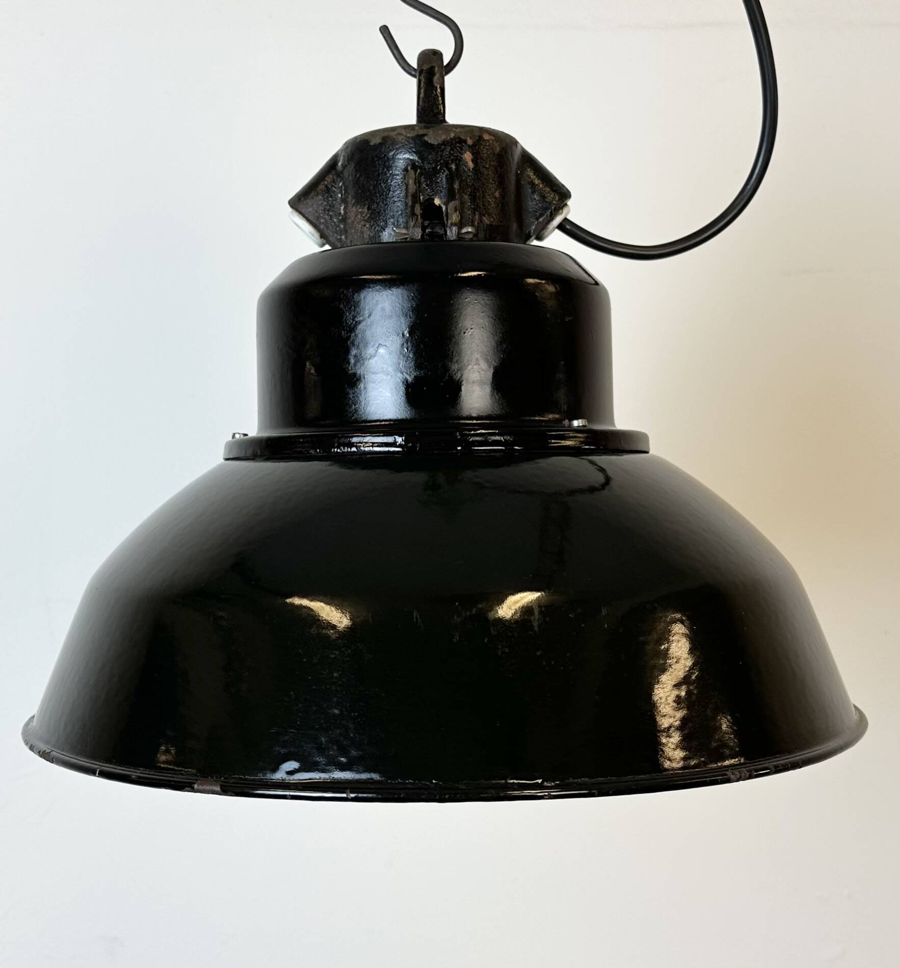 Industrial Black Enamel Factory Lamp with Cast Iron Top, 1960s