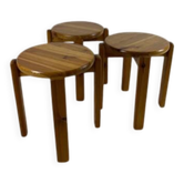 Set of three solid pine stools, 1970s.