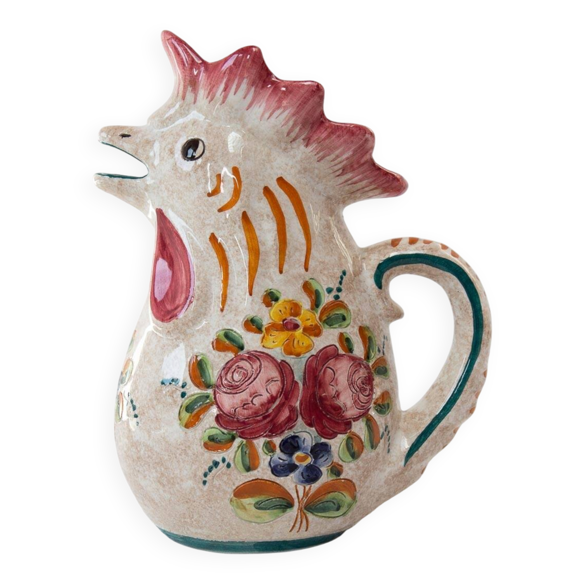 Pichet en faïence italienne en forme de coq, Deruta, vers 1960 (26 cm)