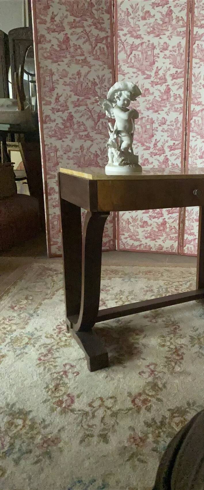 Art Deco console table in oak and walnut – chic and elegant beige marble top