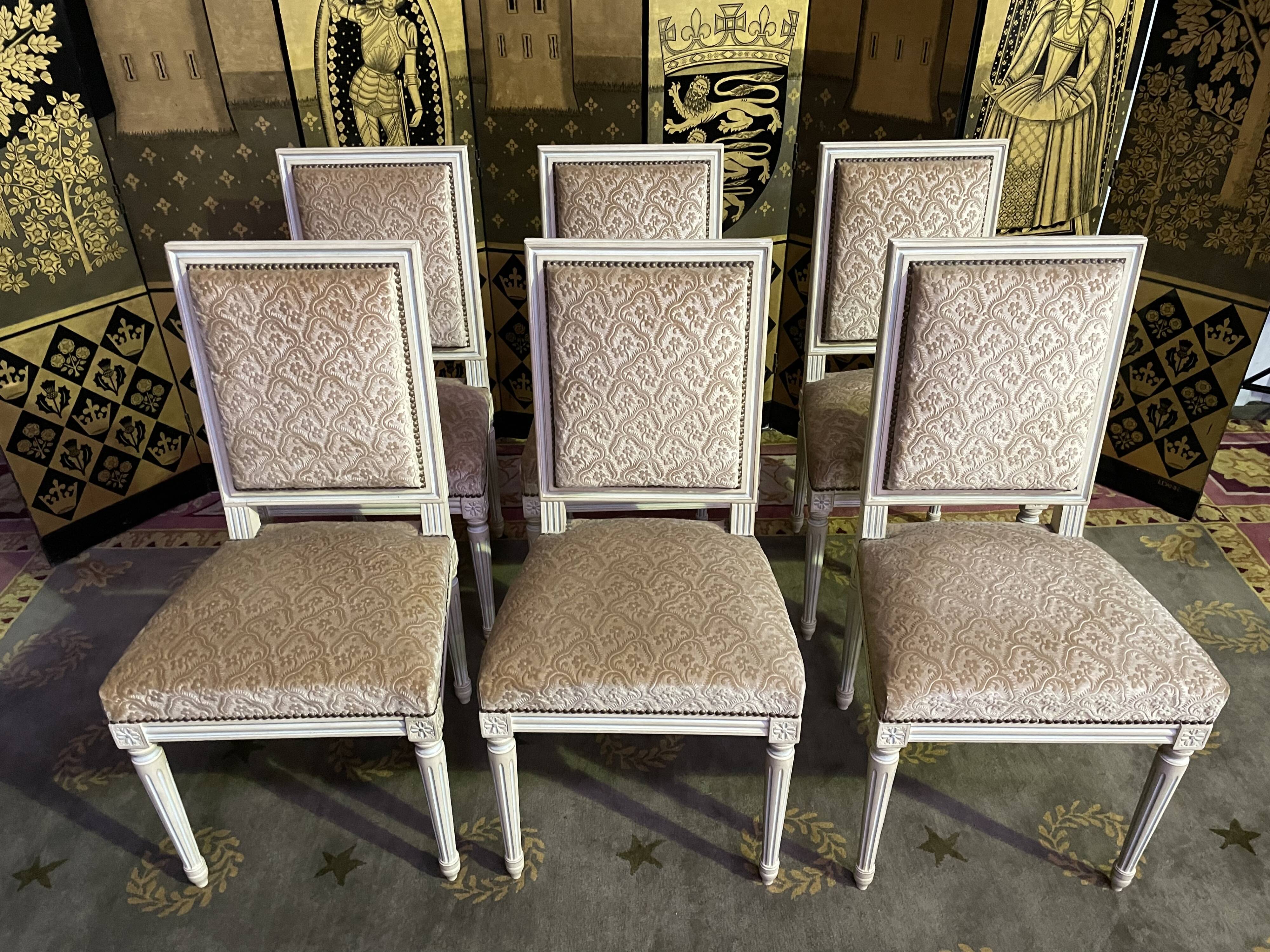 Suite of 6 Louis XVI style chairs in embossed velvet