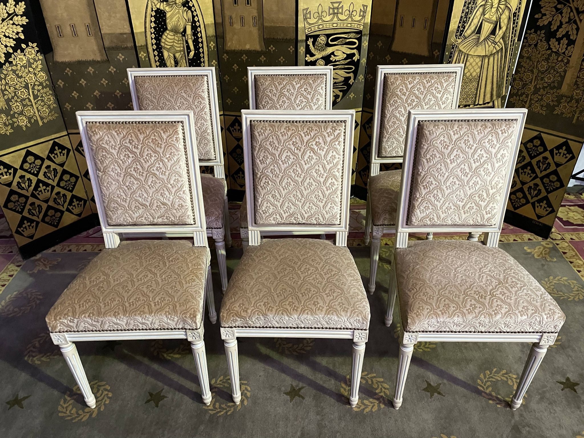 Suite of 6 Louis XVI style chairs in embossed velvet