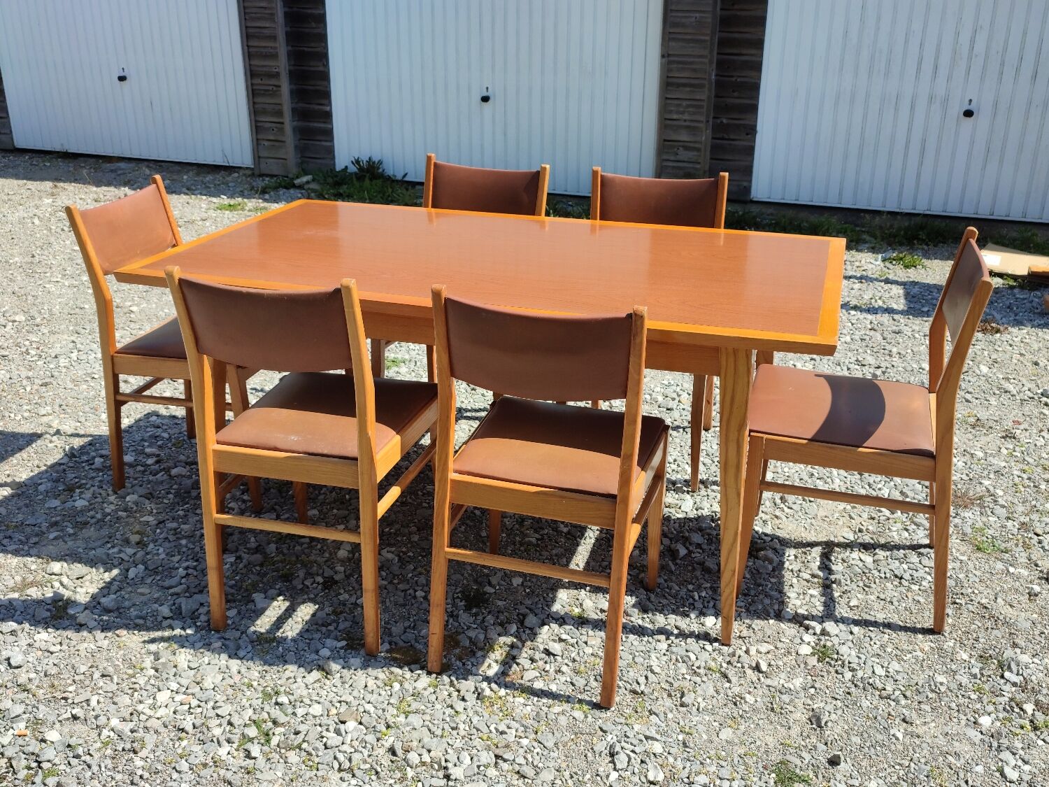 Formica teak table + 10 vintage Scandinavian style chairs