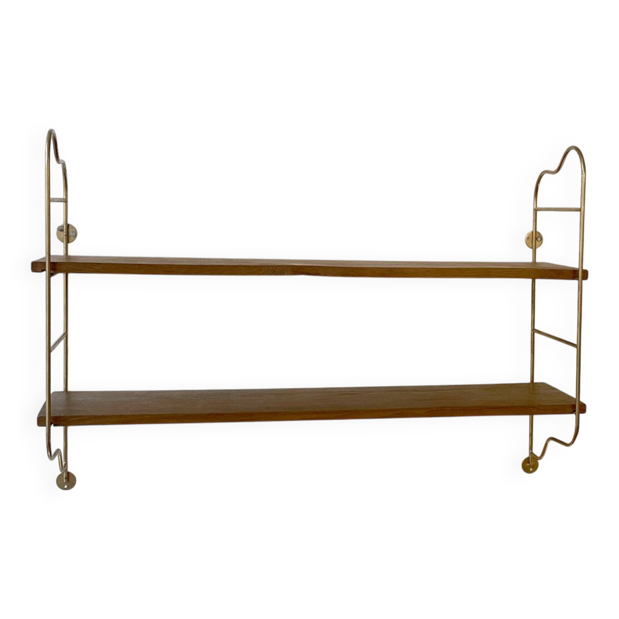 Brass and beech string shelves, 1960