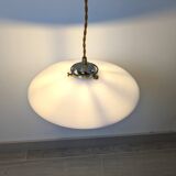Vintage suspension in white opaline, elegant light fixture with soft light.