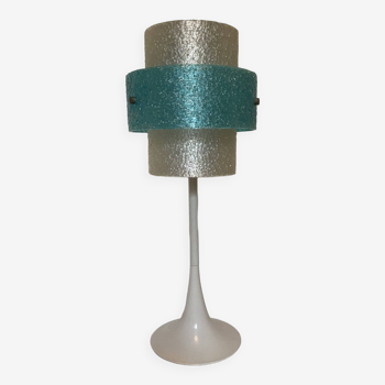 Vintage tulip foot lamp in white lacquered aluminum and perspex lampshade. Aluminor brand