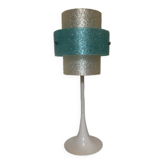 Vintage tulip foot lamp in white lacquered aluminum and perspex lampshade. Aluminor brand