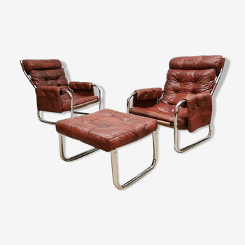 Midcentury patchwork leather tubular sling lounge chairs 70