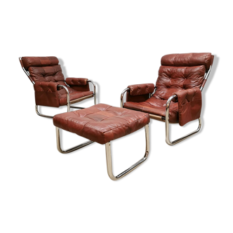 Midcentury patchwork leather tubular sling lounge chairs 70