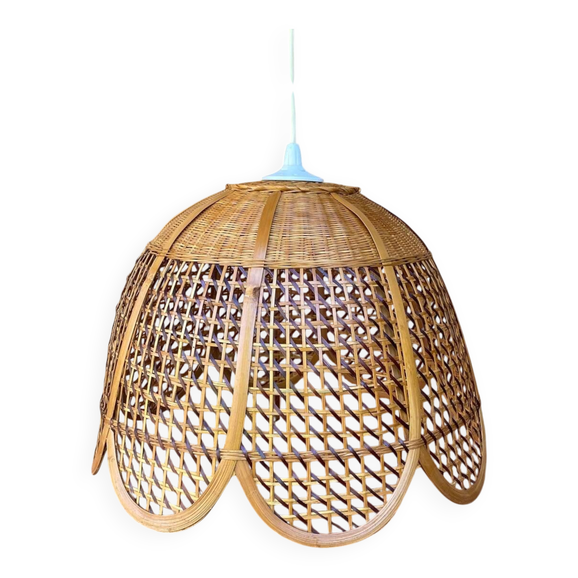 Rattan and cane lampshade in the shape of a flower from the 1970s.