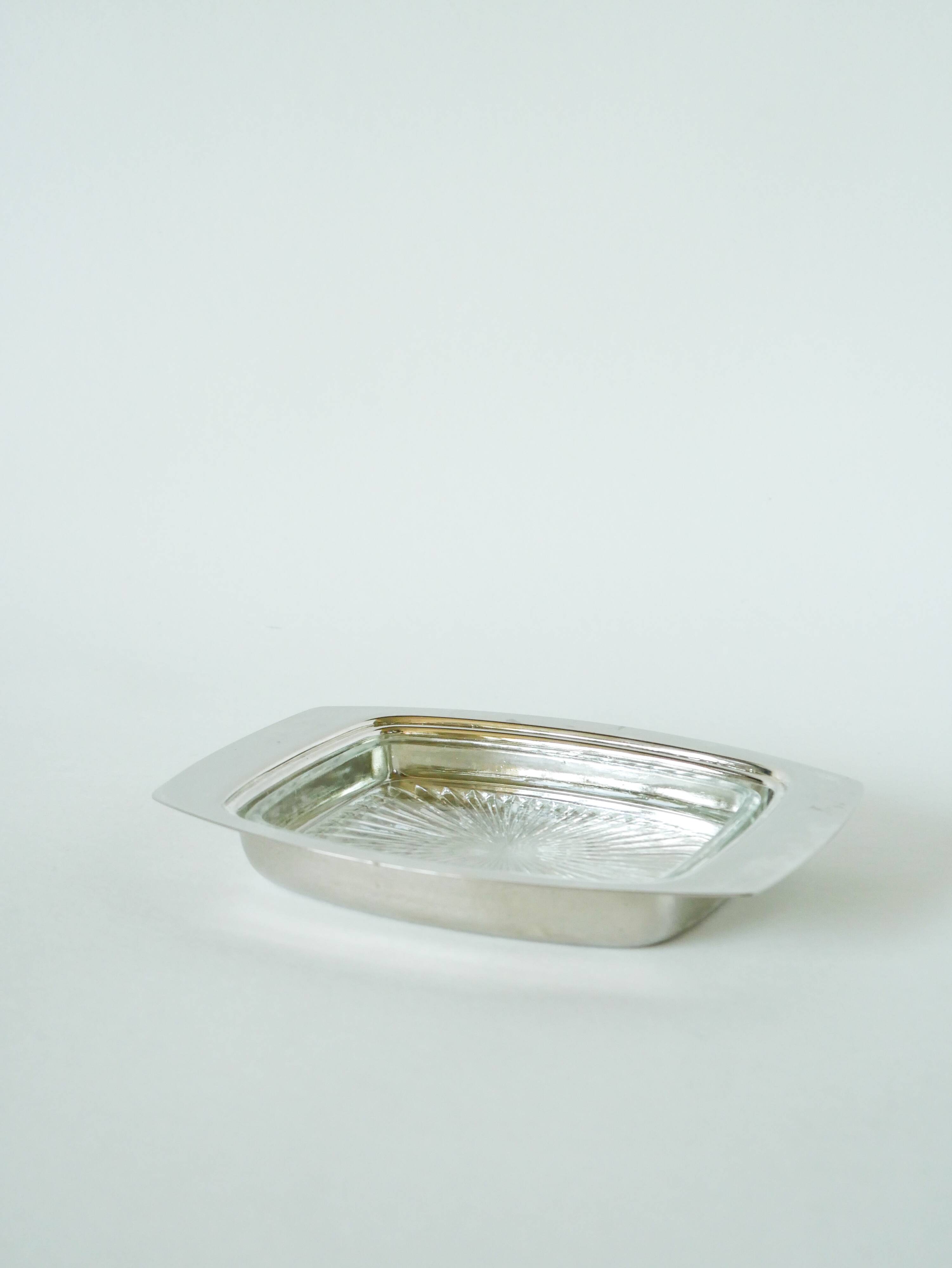 Pocket tray / butter dish in silver metal and glass, early 20th century