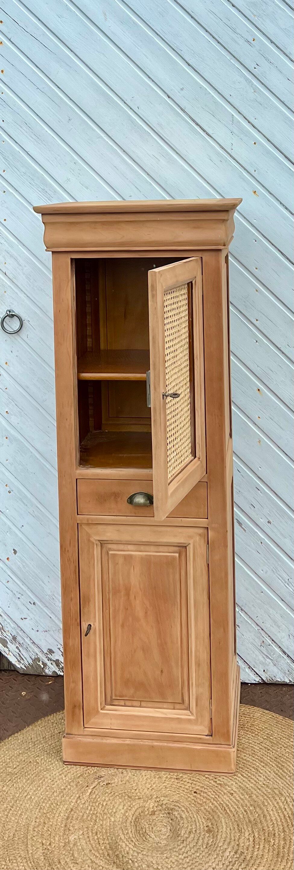 Small renovated cupboard: bonnetière / tall boy in raw solid wood.