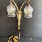 Art Deco double wall light in brass and glass tulips 1930