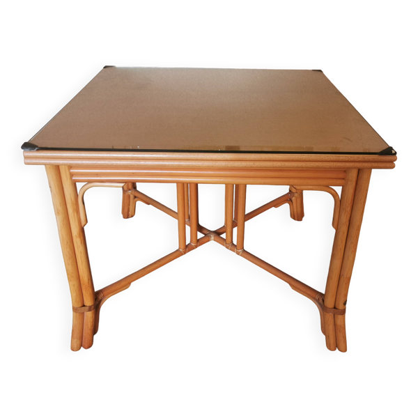 IG Table Rotin Verre Rotative Depliante Bois 1980 100 x 100 A 100 x 200cm Signee