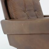 1970 Svend Skipper High Back Armchair and Stool in Brown Leather, Denmark