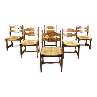 Vintage oak and wicker dining chairs, 1960s
