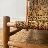 Fauteuil bas en bois et corde années 50