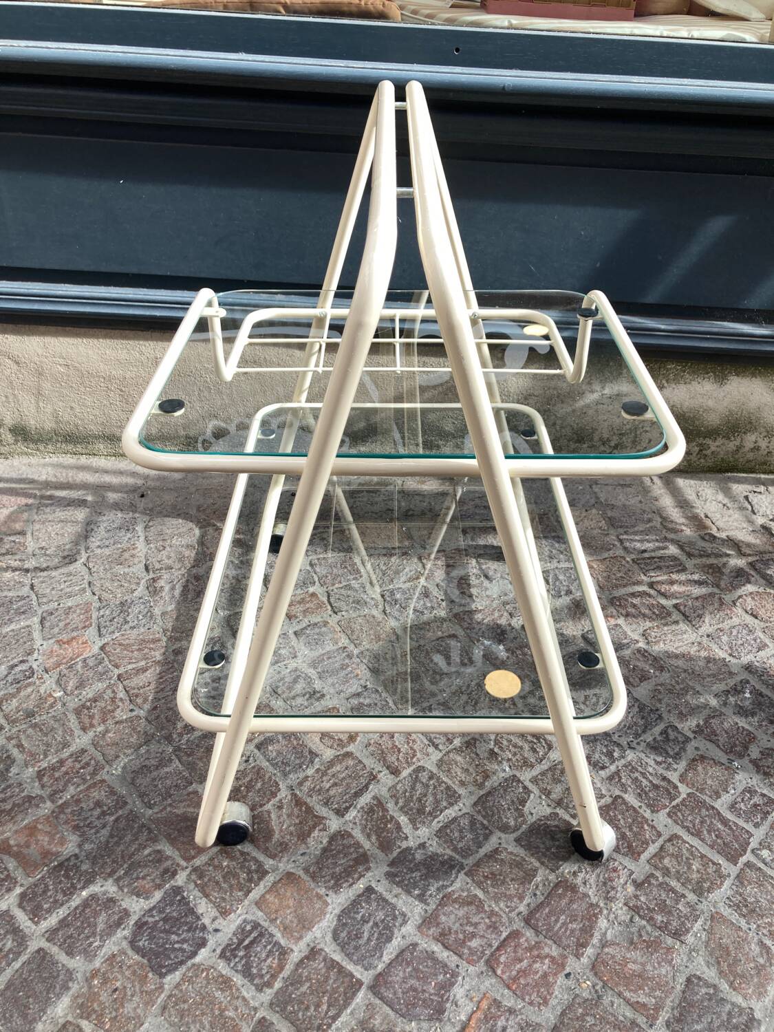 70s rolling trolley in glass and cream metal