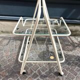 70s rolling trolley in glass and cream metal
