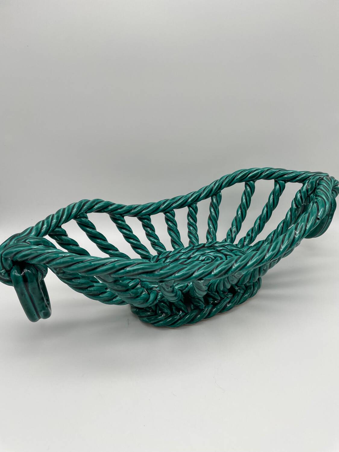 Vintage fruit basket in green enamelled woven earthenware
