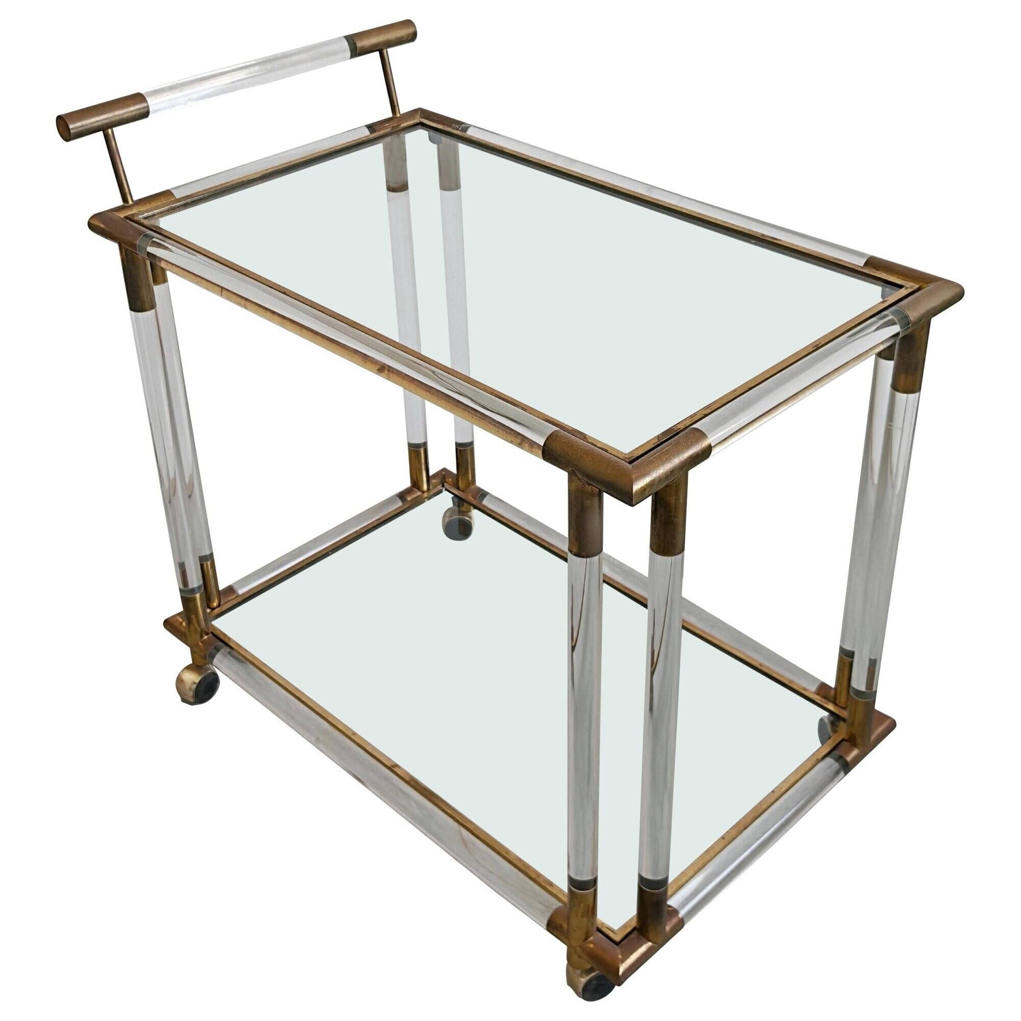 Modern mid-century bar cart in lucite, bronze, and glass, 1970s