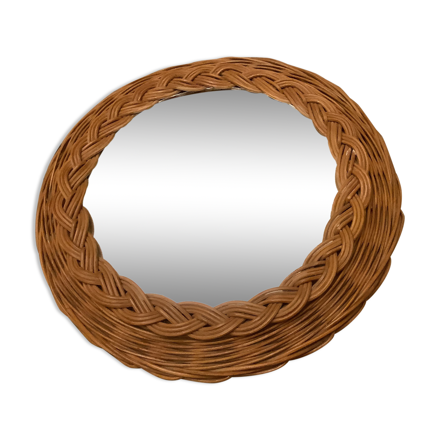 Old round mirror wicker rattan varnished