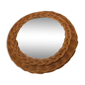 Old round mirror wicker rattan varnished