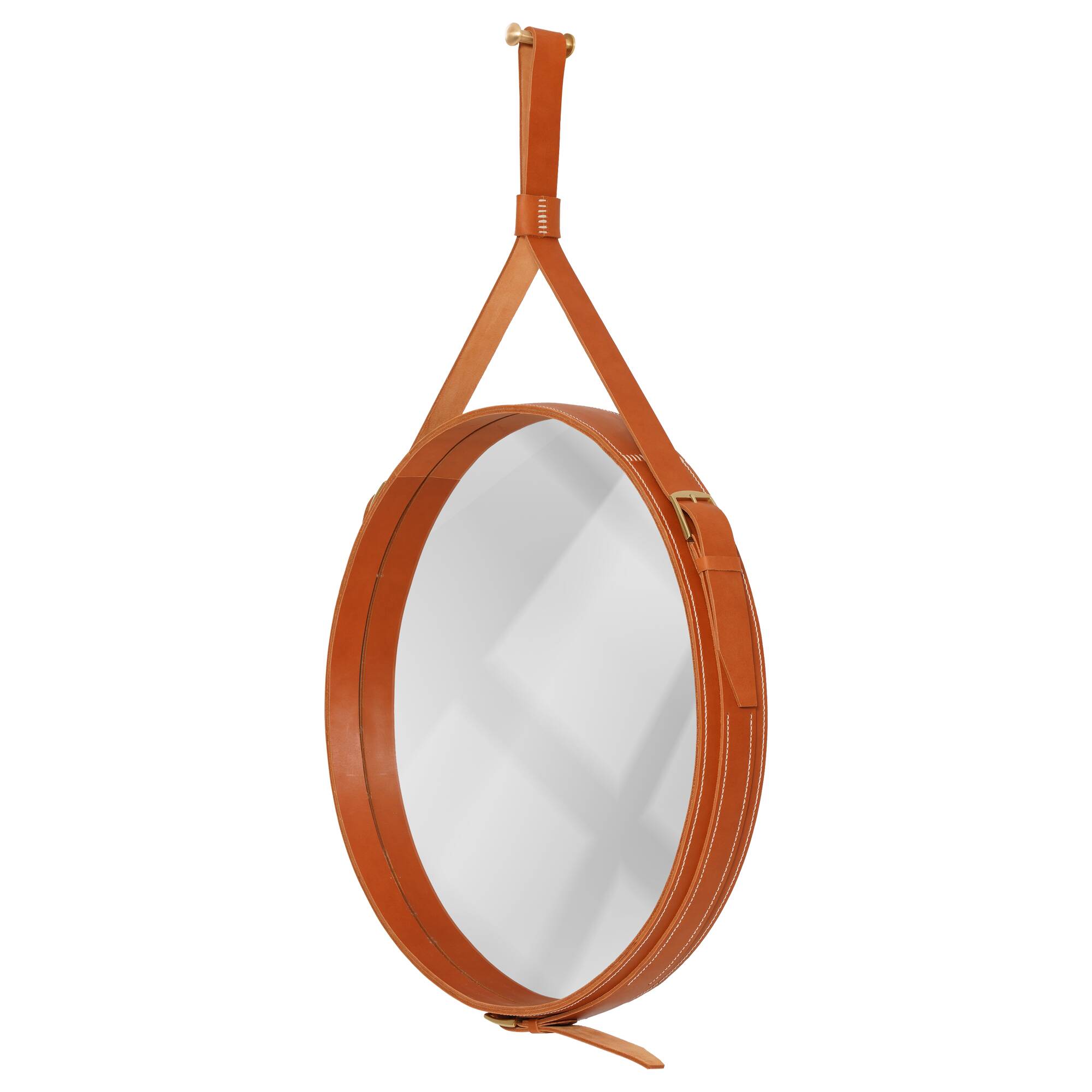 Handmade mirror in J. Adnet style, made of vegetable-tanned leather in tan colour, ø 45 cm.