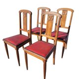 Set of 4 Art Deco Chairs in wood and red imitation leather