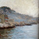 The tide gauge, oil on wood, seascape in Marseille, 20th century