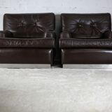 Pair of armchairs brown leather base stainless steel, France, circa 1970