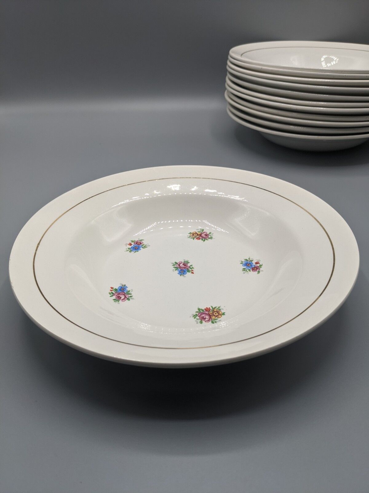 12 hollow porcelain plates, floral decoration and golden ledé - ∅: 23cm