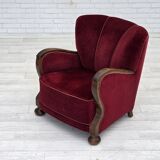 1950s, Danish relax armchair, cherry-red furniture velour, dark beech wood.