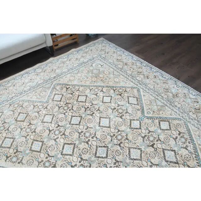 1970s Vintage Persian Handmade Wool Cotton Beige Area Rug 287x384