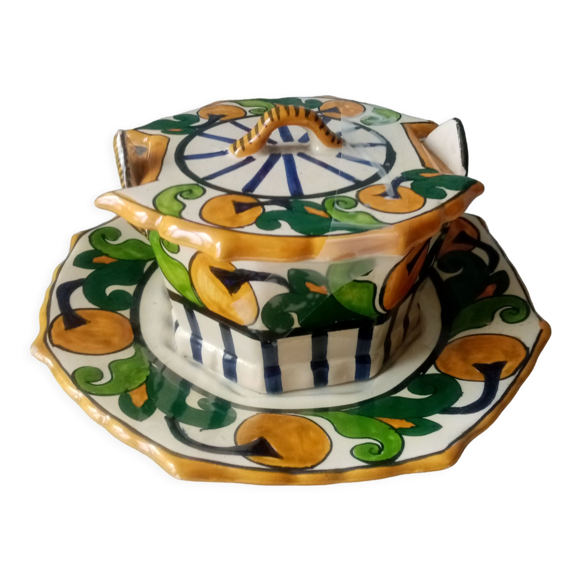 Old art deco butter dish in faience of quimper sign hb