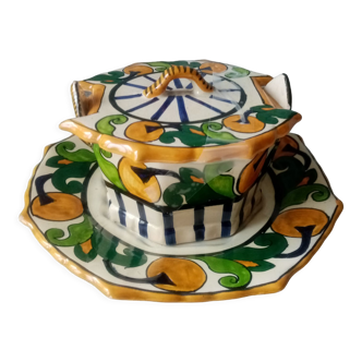 Old art deco butter dish in faience of quimper sign hb