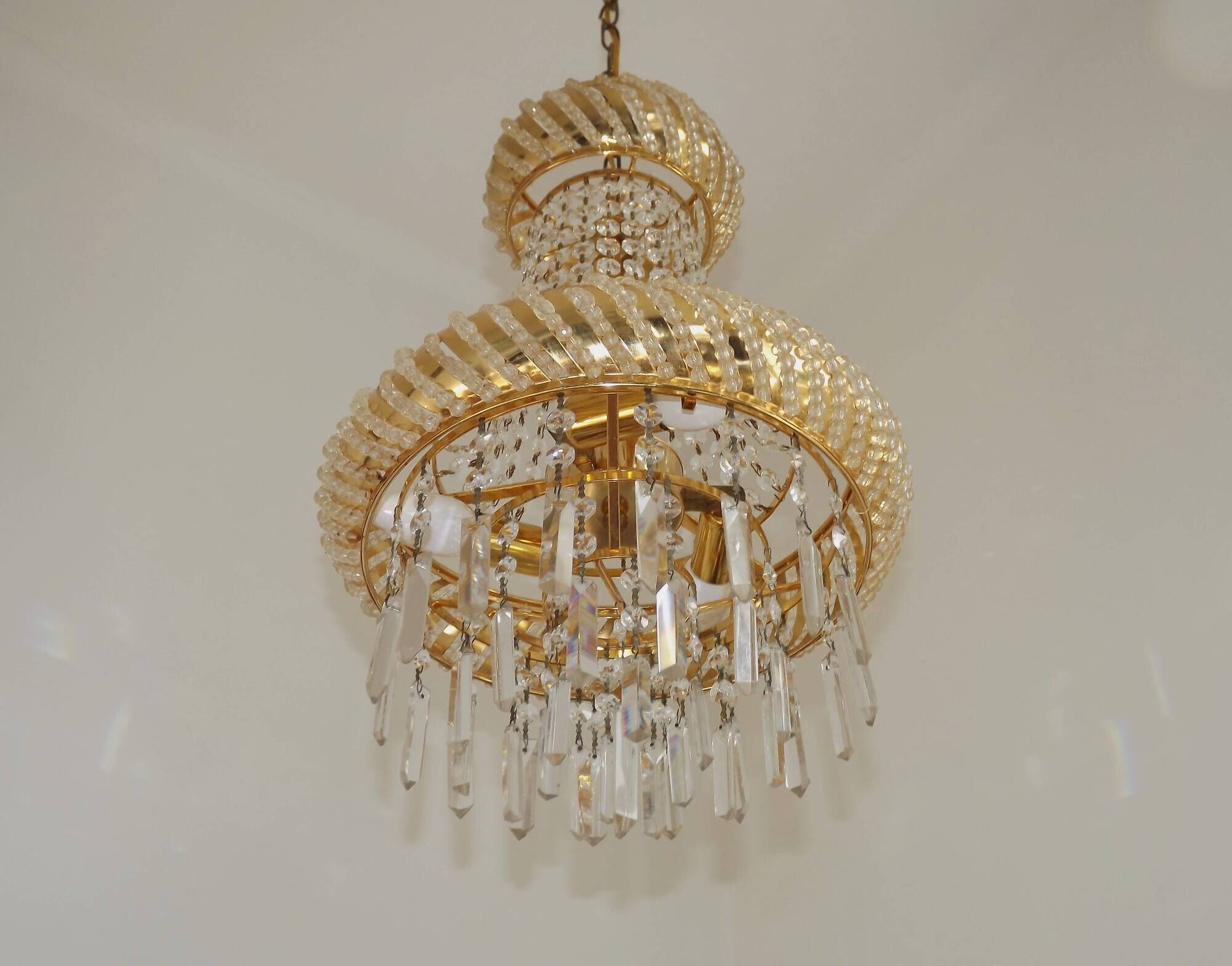 Vintage Gold Metal 5-Light Chandelier – Crystal Beads & Glass Prisms