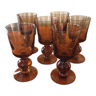 6 verres à pieds en verre fumé orange marron