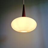 Scandinavian pendant light in teak and white opaline, Louis Kalff, Philips, 1960.