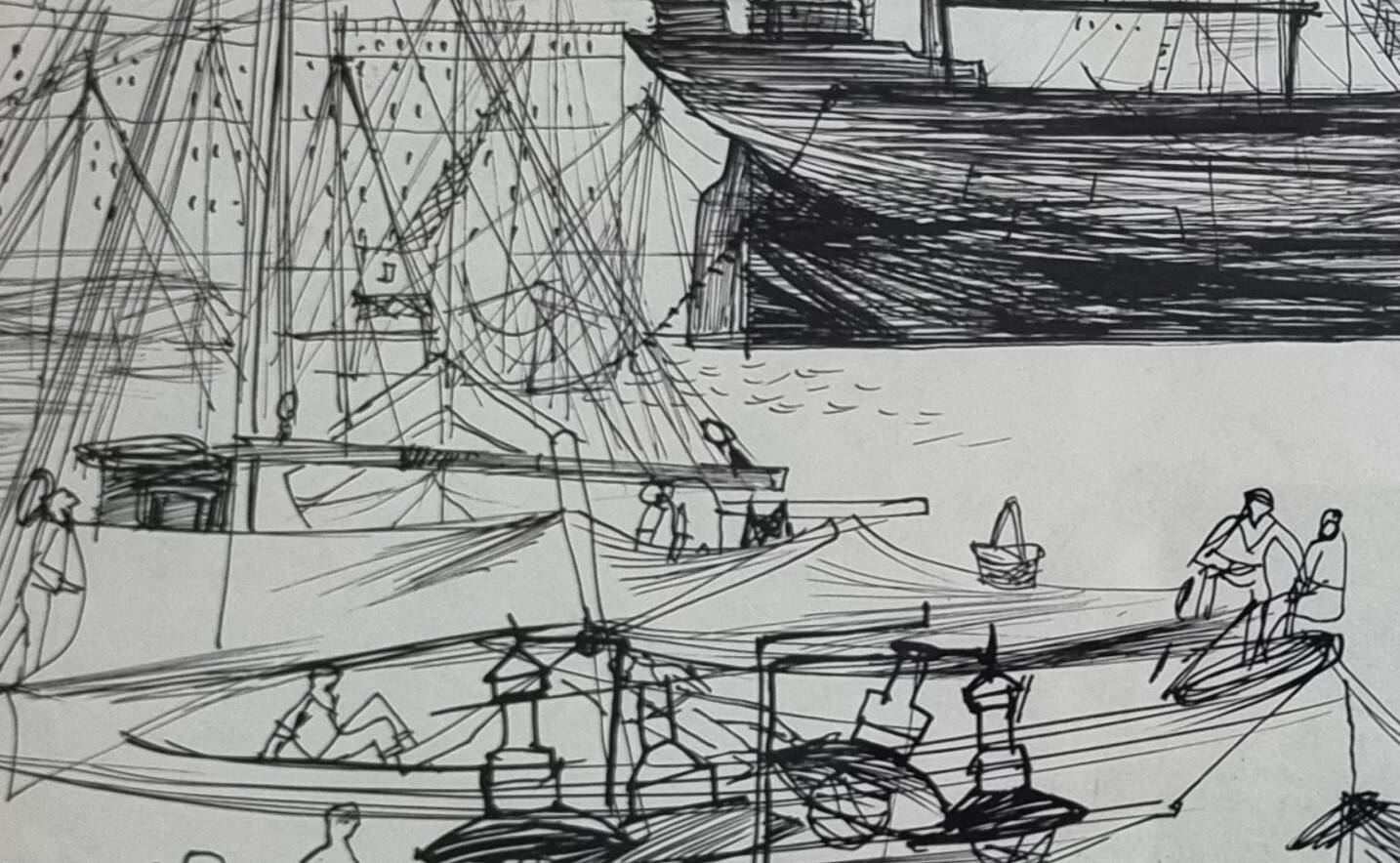Original ink drawing, travel sketchbook, 1955, port scene 52x34 cm