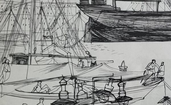 Dessin original à l’encre, carnet de voyage, 1955, scène portuaire 52x34 cm