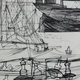 Original ink drawing, travel sketchbook, 1955, port scene 52x34 cm