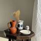 Small water butter dish in vintage earthenware with blue and orange floral patterns D10